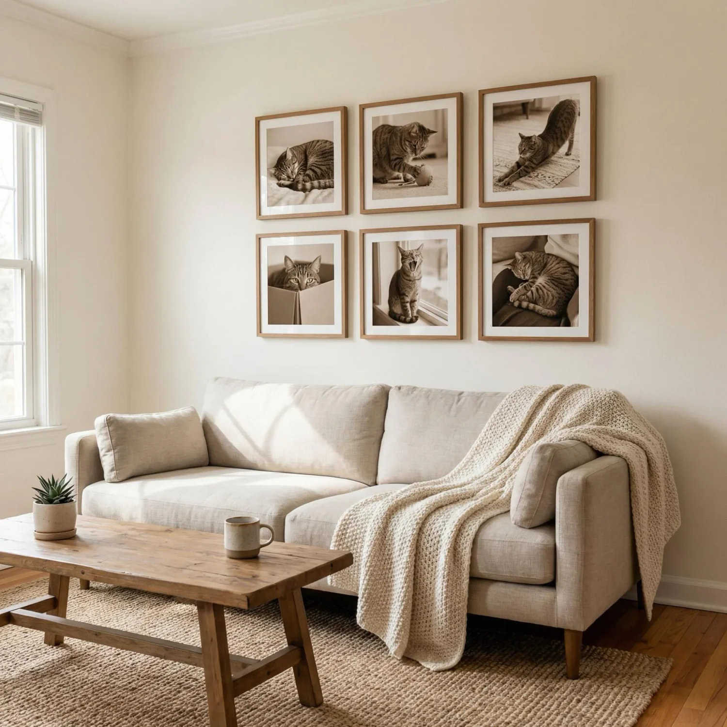 Cat framed photos gallery wall above living room sofa