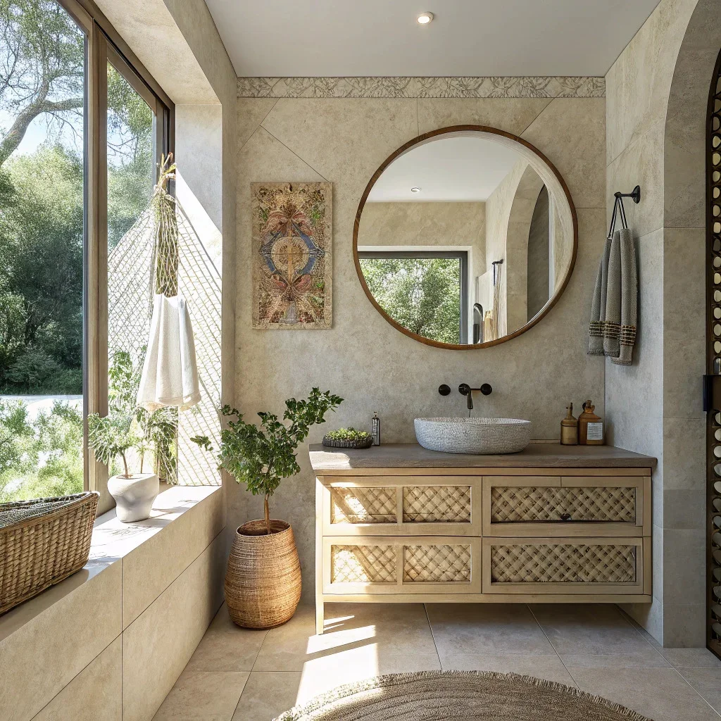Airy modern bathroom with natural light, featuring a round mirror above a vanity and a single mirror on the wall.