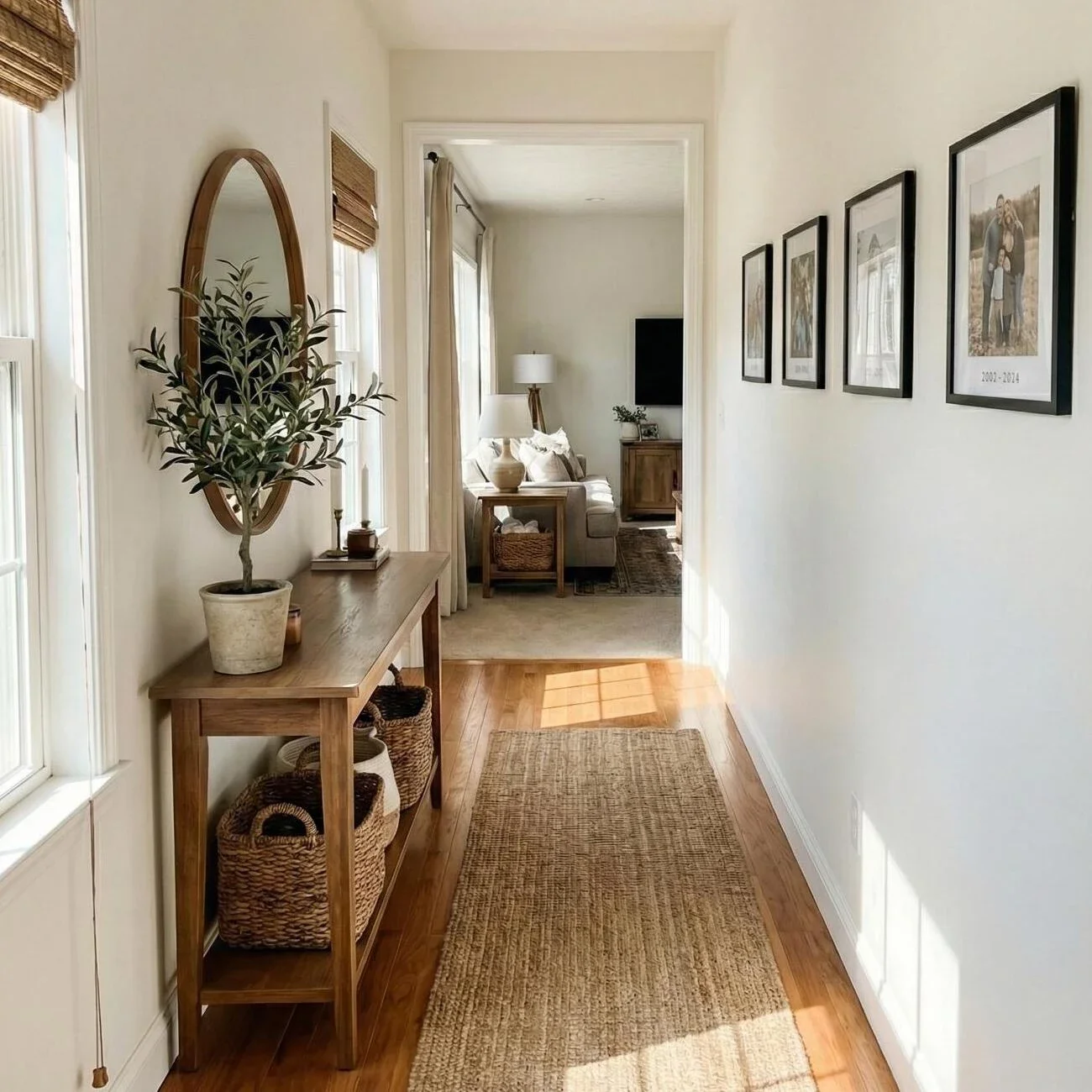 Bright hallway with wood console, woven baskets, and framed photos