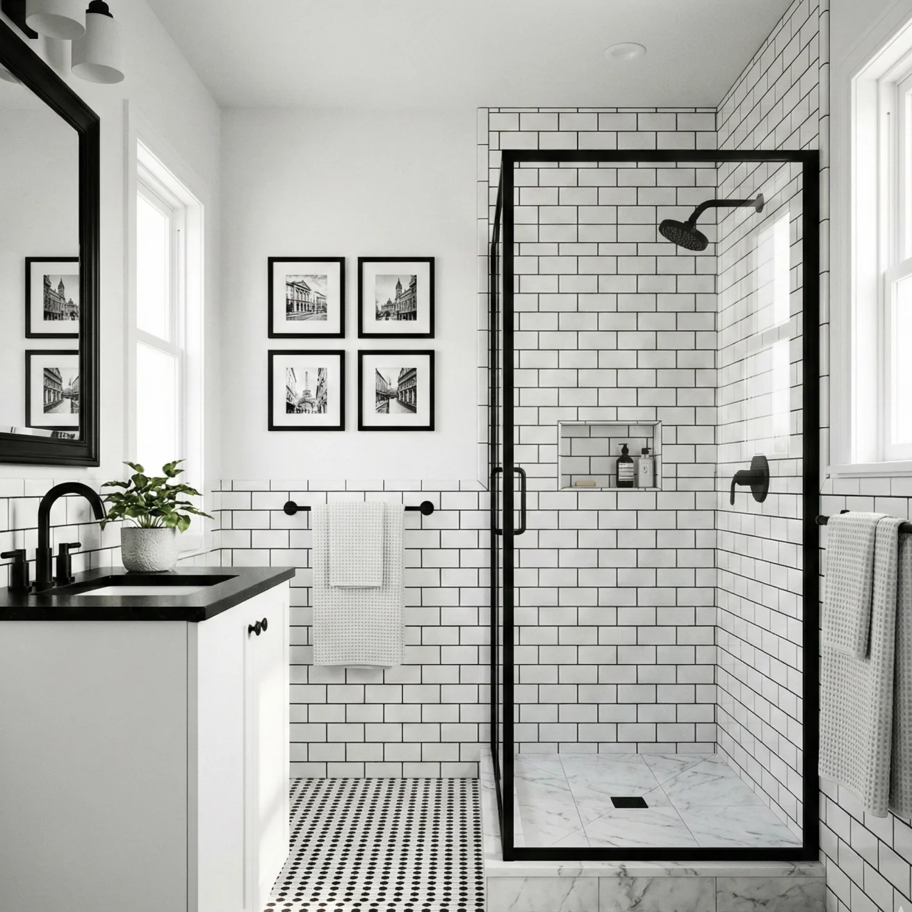 Black-and-white bathroom with subway tile and framed prints