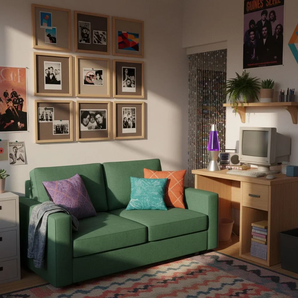 90s dorm room with grid photo wall