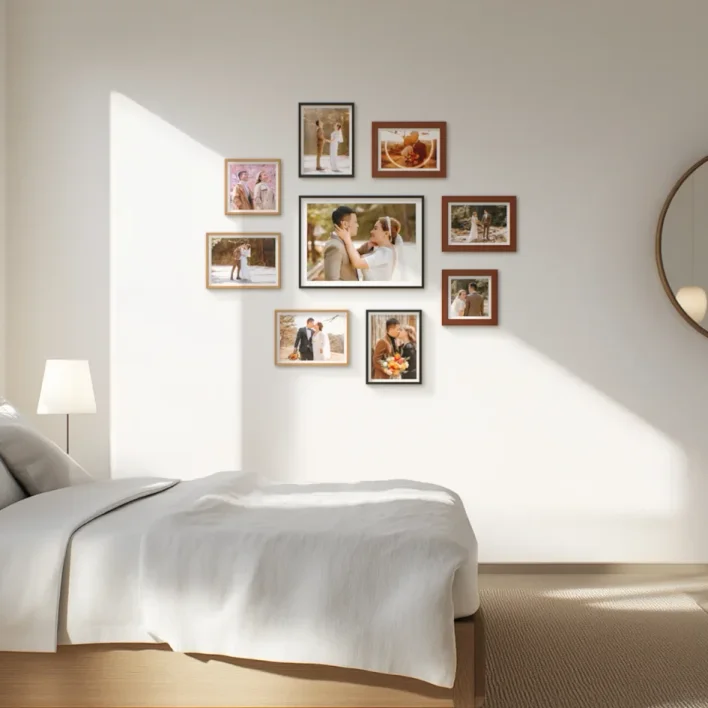 Sunlit bedroom with gallery wall of wedding photos
