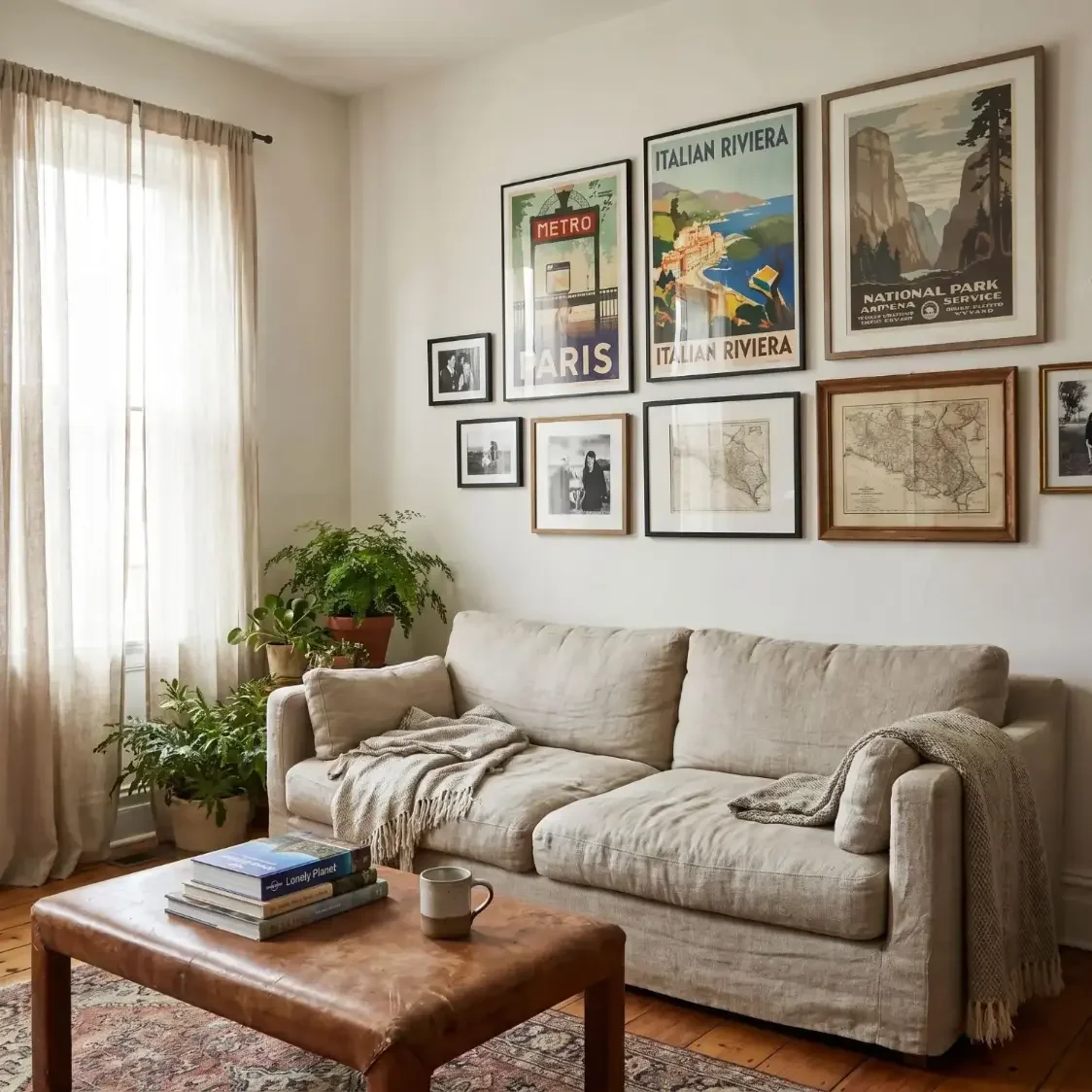 Vintage travel framed pictures above living room sofa