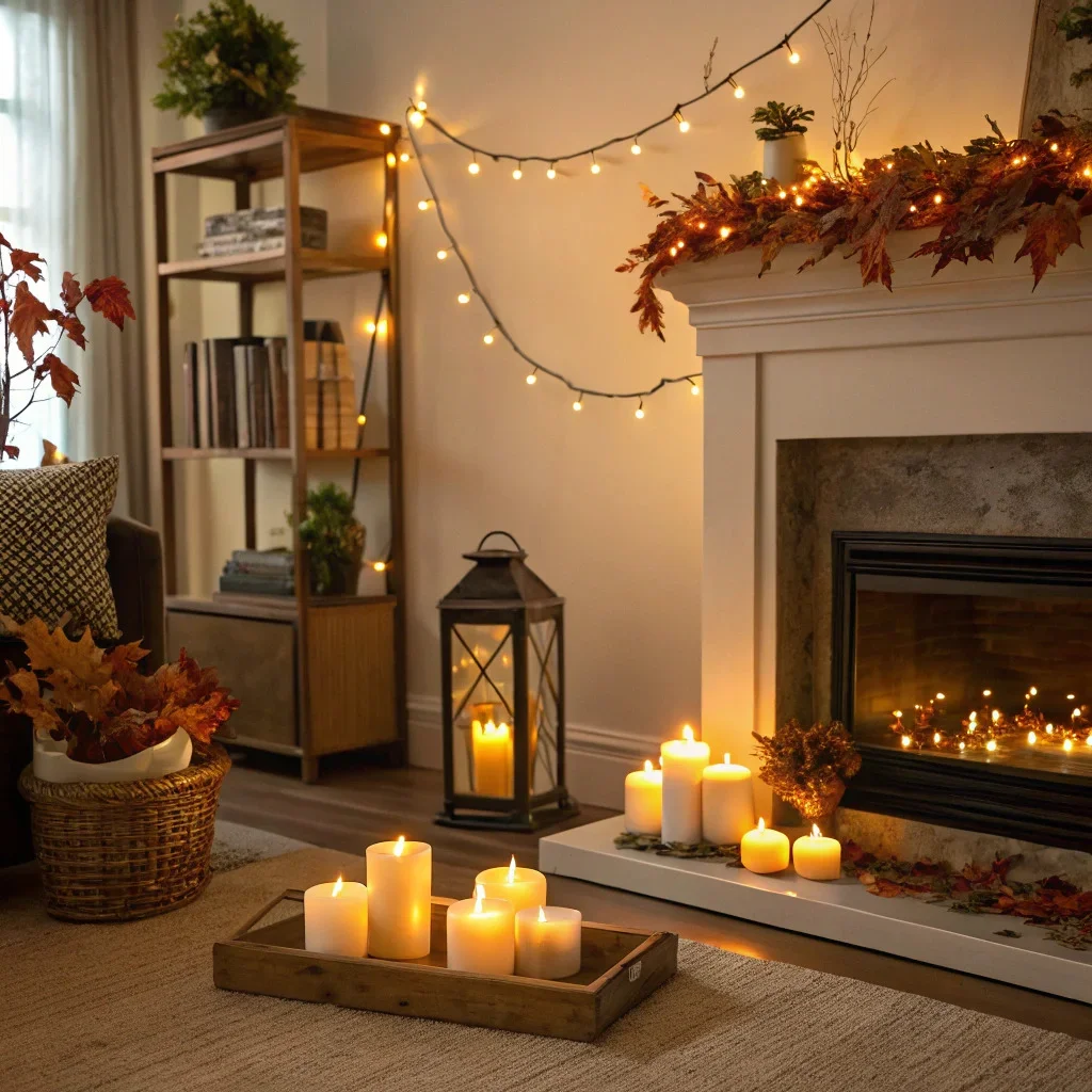 A warmly lit living room featuring 2700K table lamps, a lantern near the fireplace, micro lights woven through a fall garland on a bookshelf, and grouped candles on trays for a soft, golden glow.