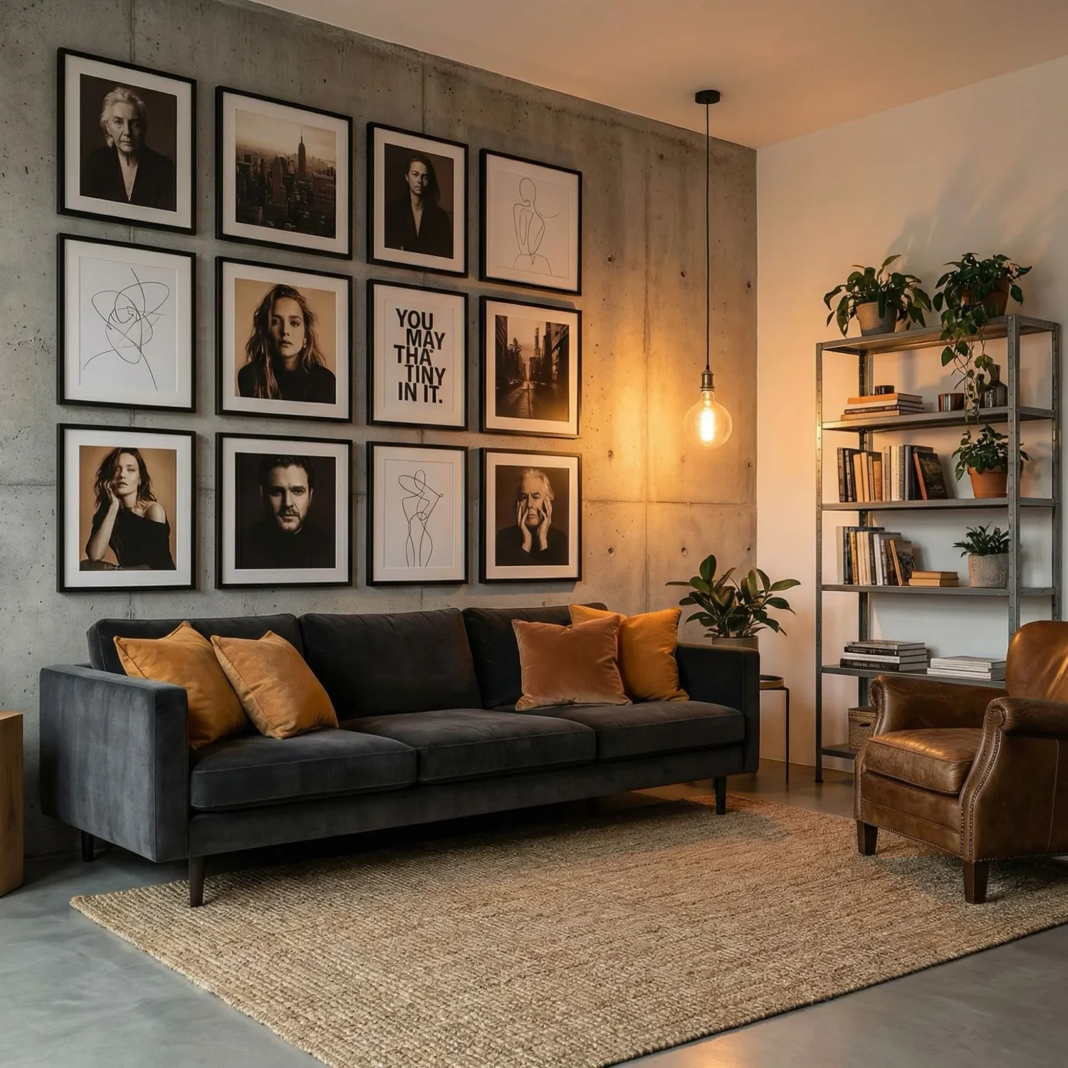 Soft industrial living room with canvas framed art