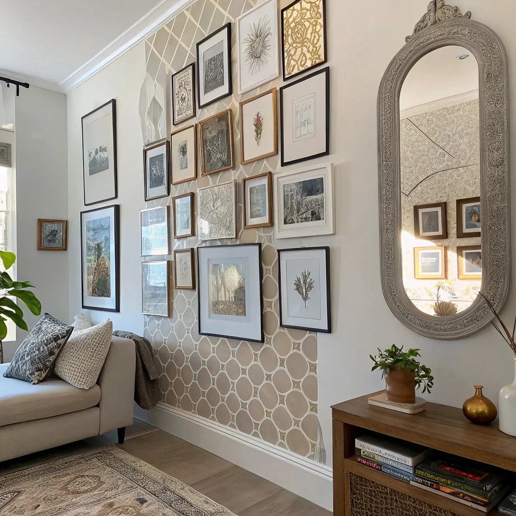 Neutral living room with minimalist floating shelves displaying plants and art.