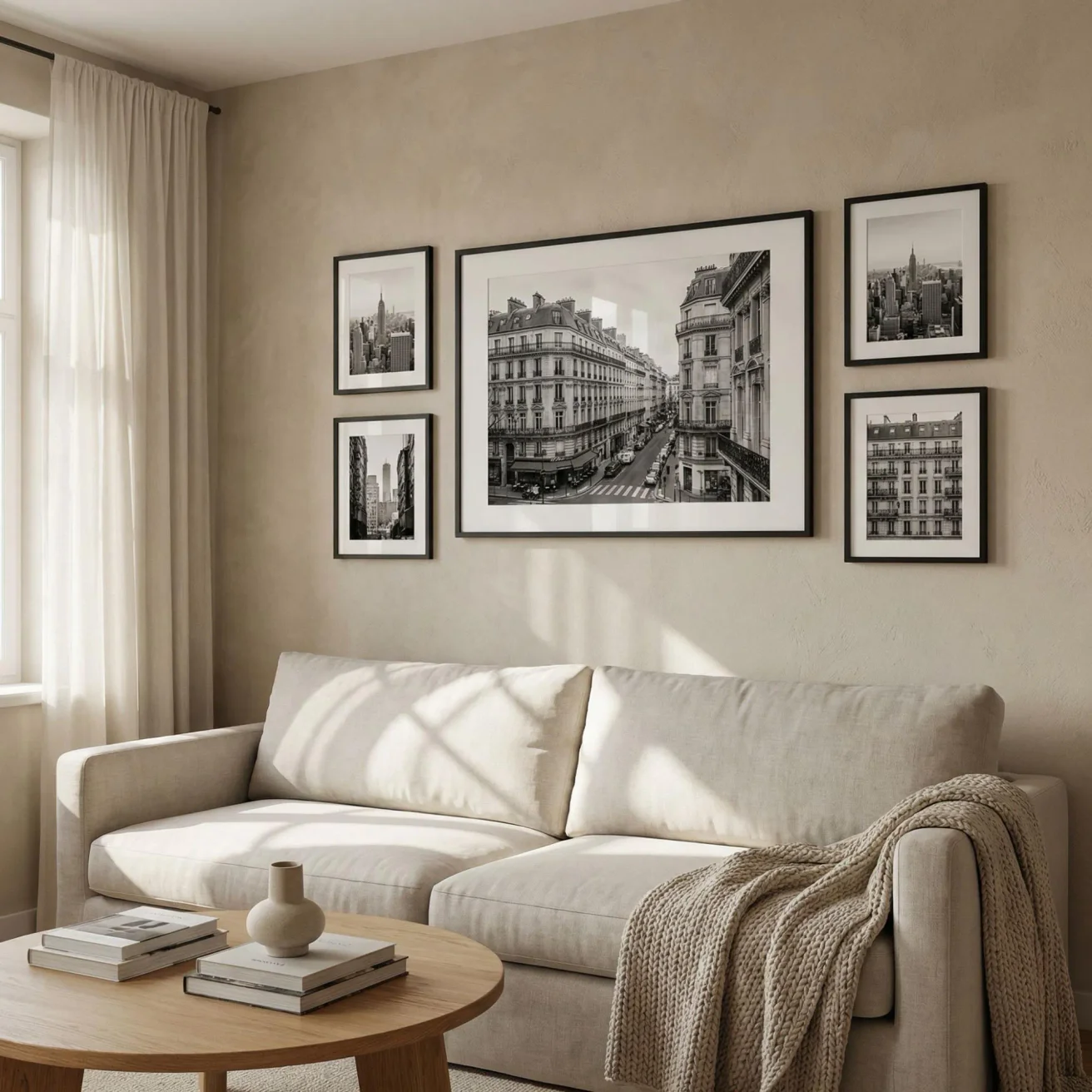 Black and white Paris art above living room sofa