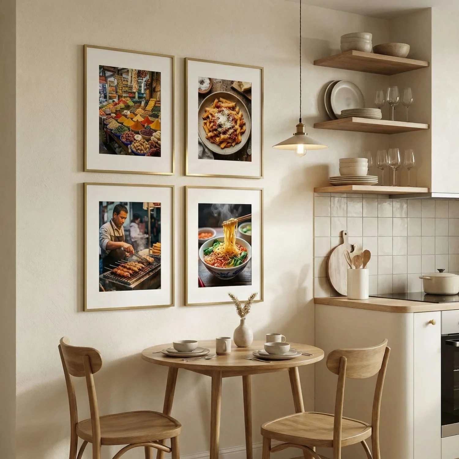 Kitchen nook with travel food framed photos