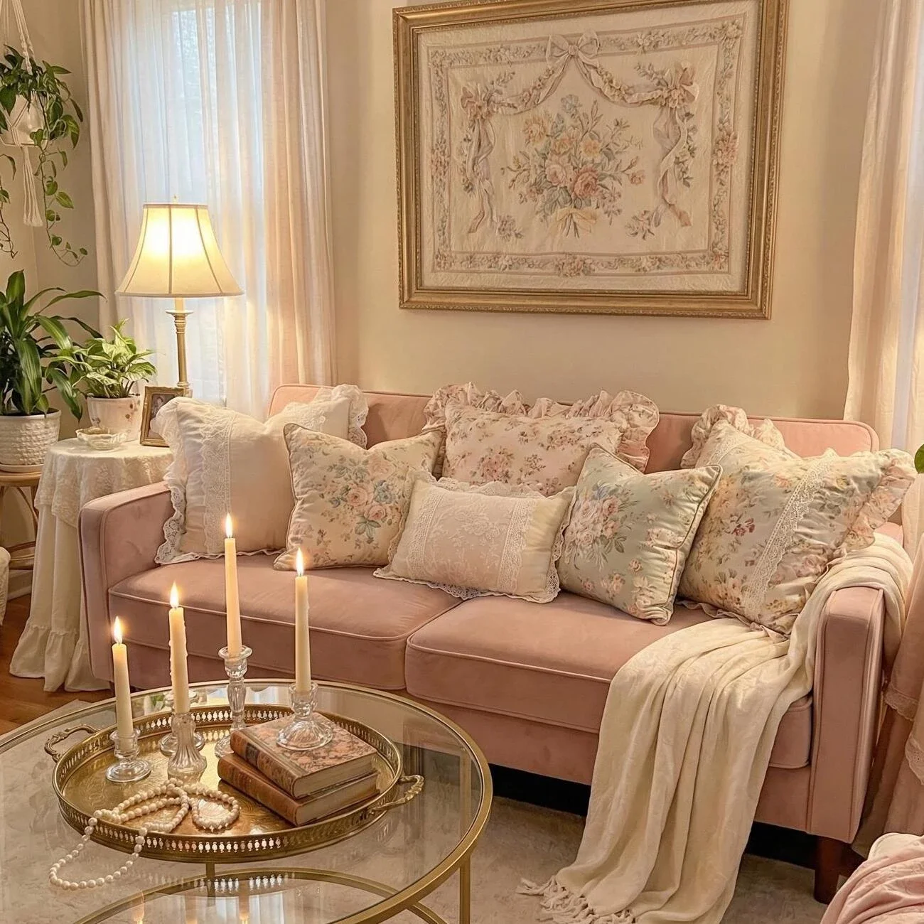 Romantic living room with pink sofa, floral pillows, and candles