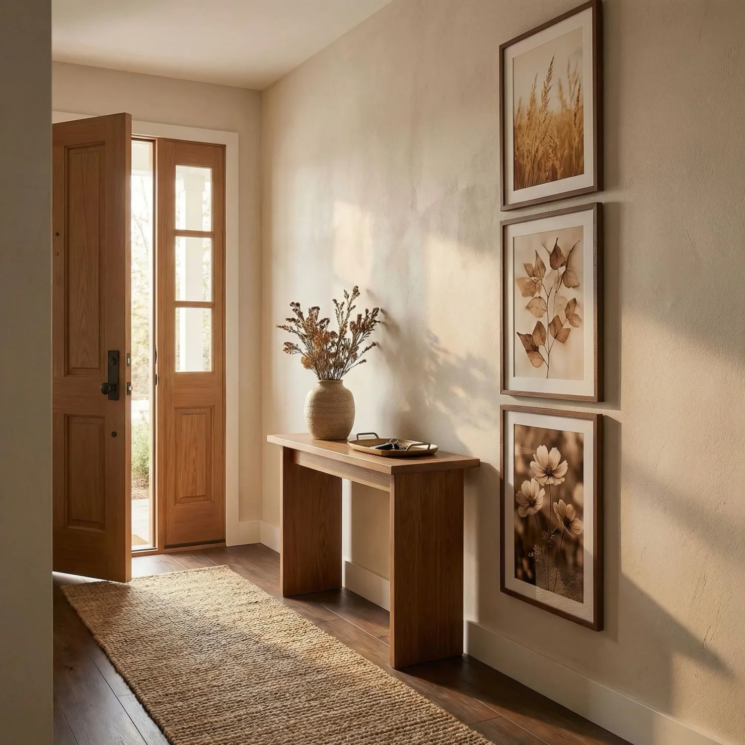 Vertical framed photos stack in home entryway