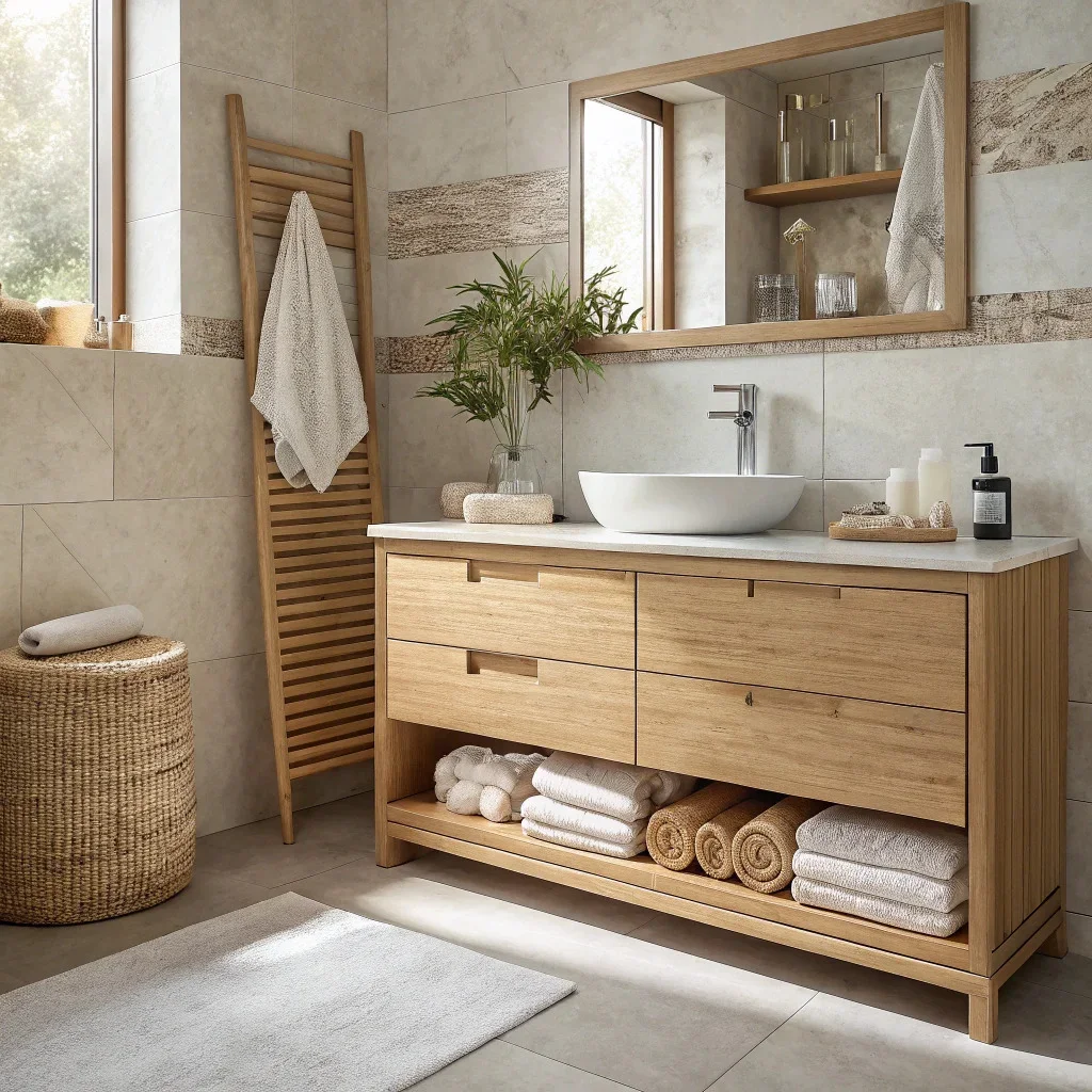 Bathroom vanity featuring bamboo accents and linen towels.