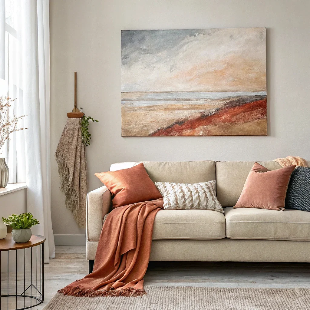 Living room wall with oversized abstract canvas above a neutral sofa.