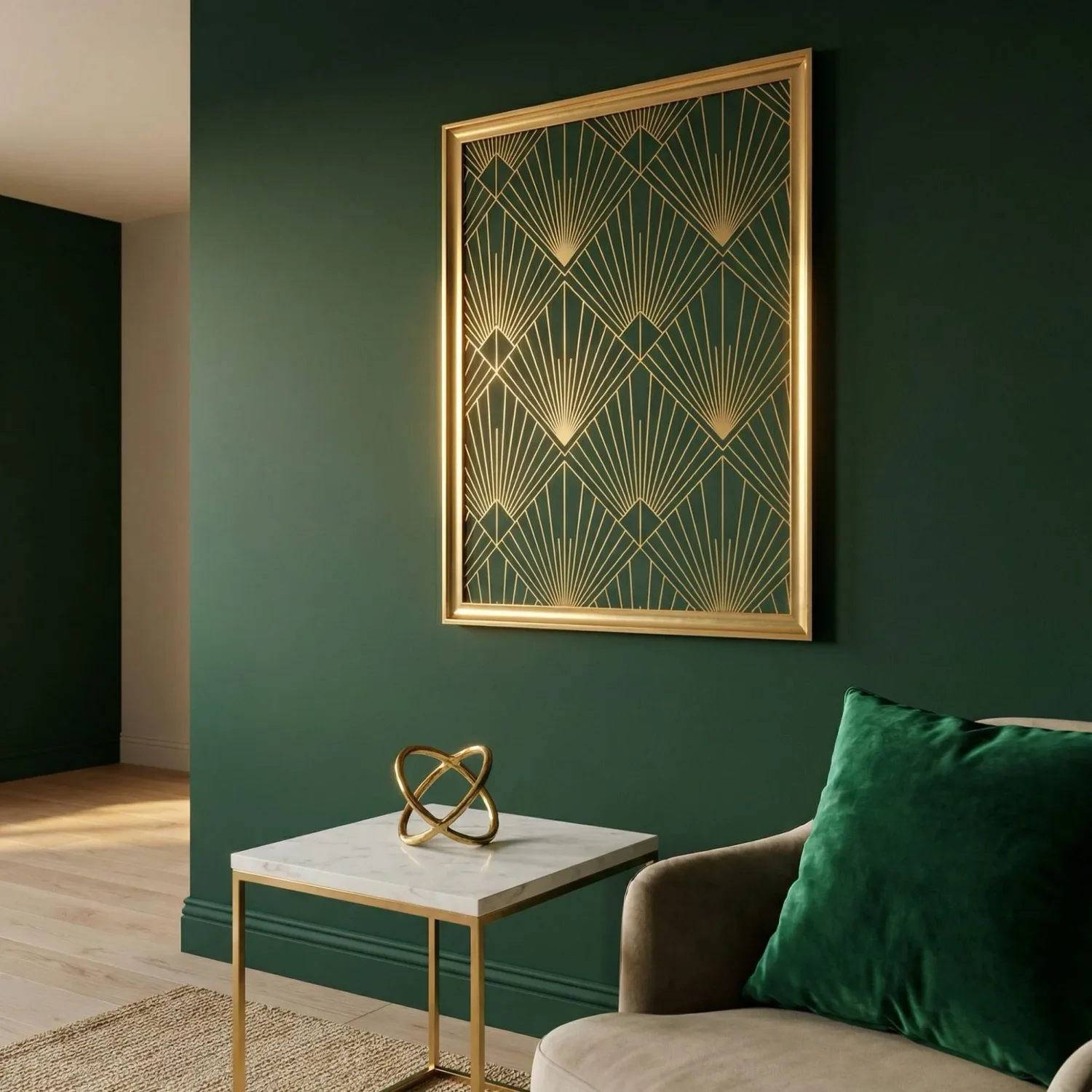 Gold Art Deco framed art on deep green accent wall