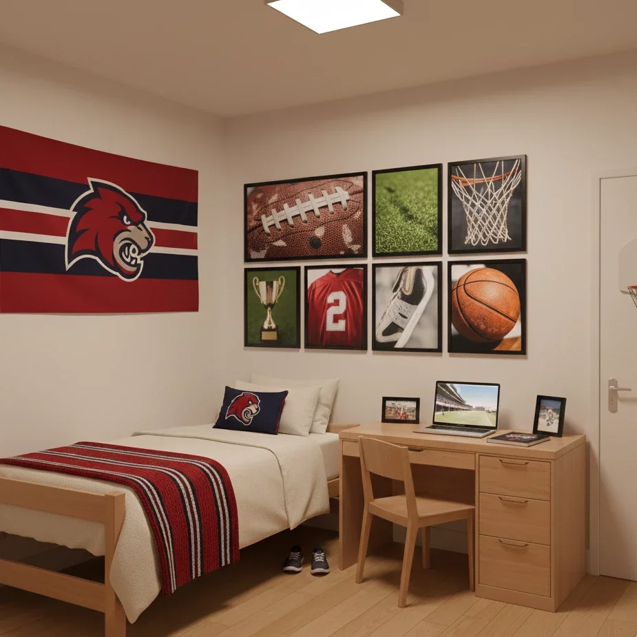 Sports-themed bedroom with photo grid and team flag decor