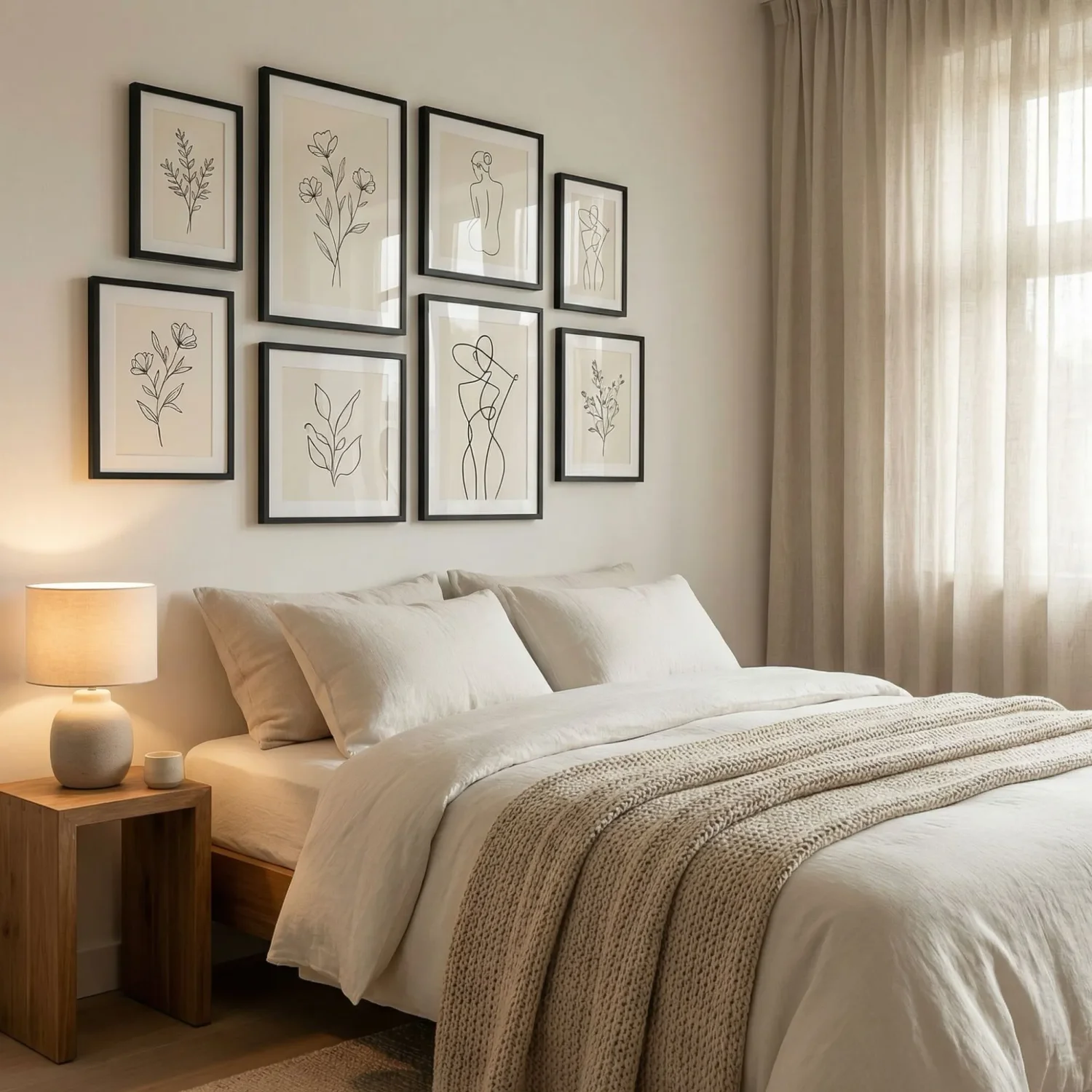Monochrome line art framed pictures in calm bedroom