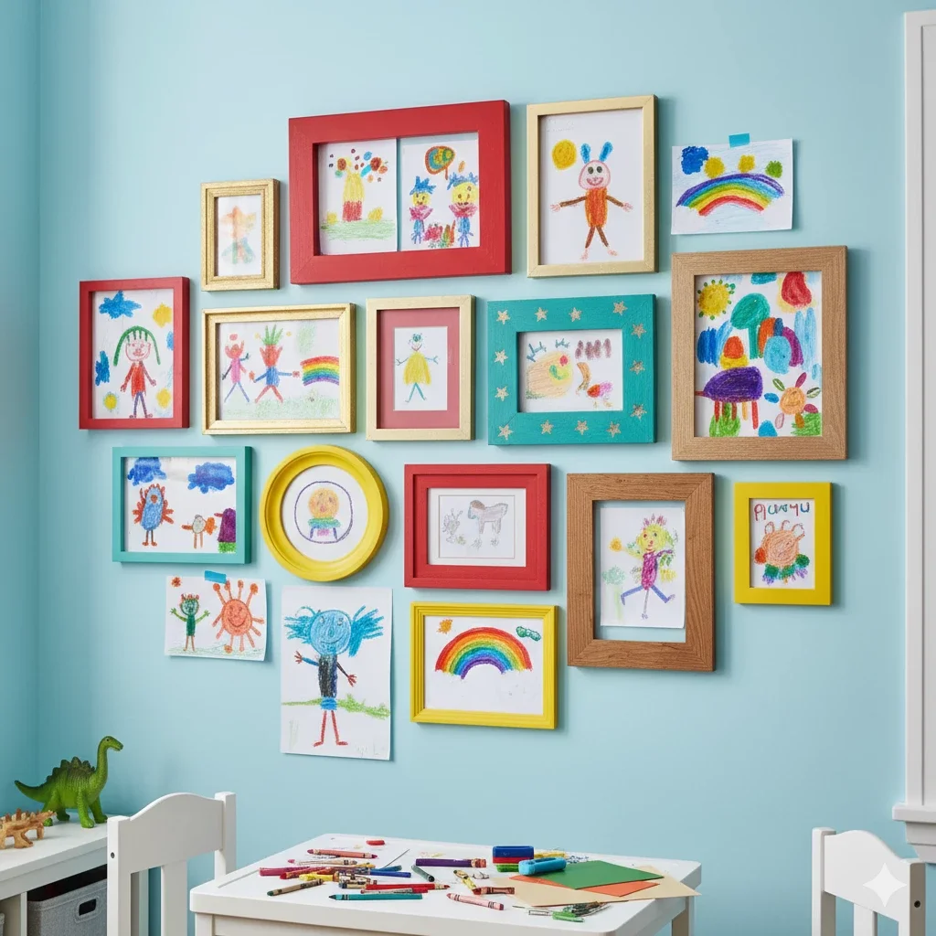 kids’ art gallery wall over playroom desk with crayons