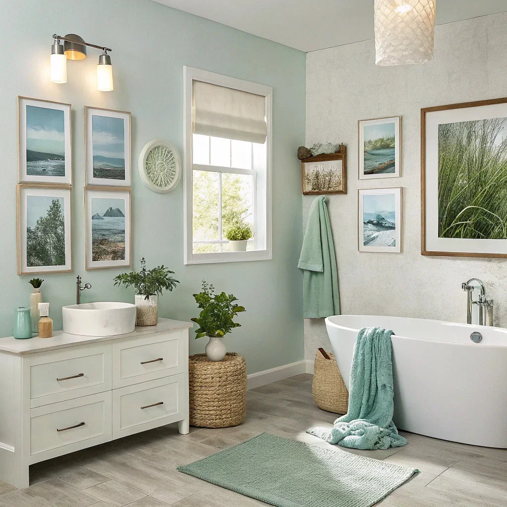 Bathroom with soft blues, greens, and neutral tones featuring serene nature photography in crisp white or light wood frames for an airy, spa-like feel.