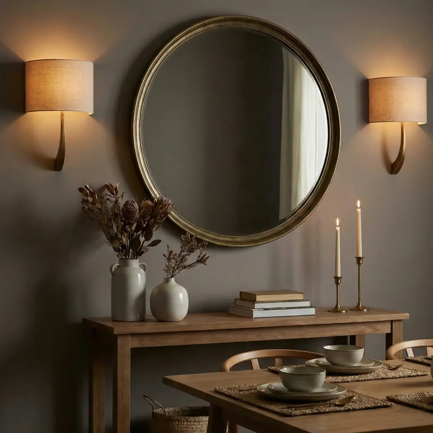 Cozy dining nook with brass mirror and wall sconces.