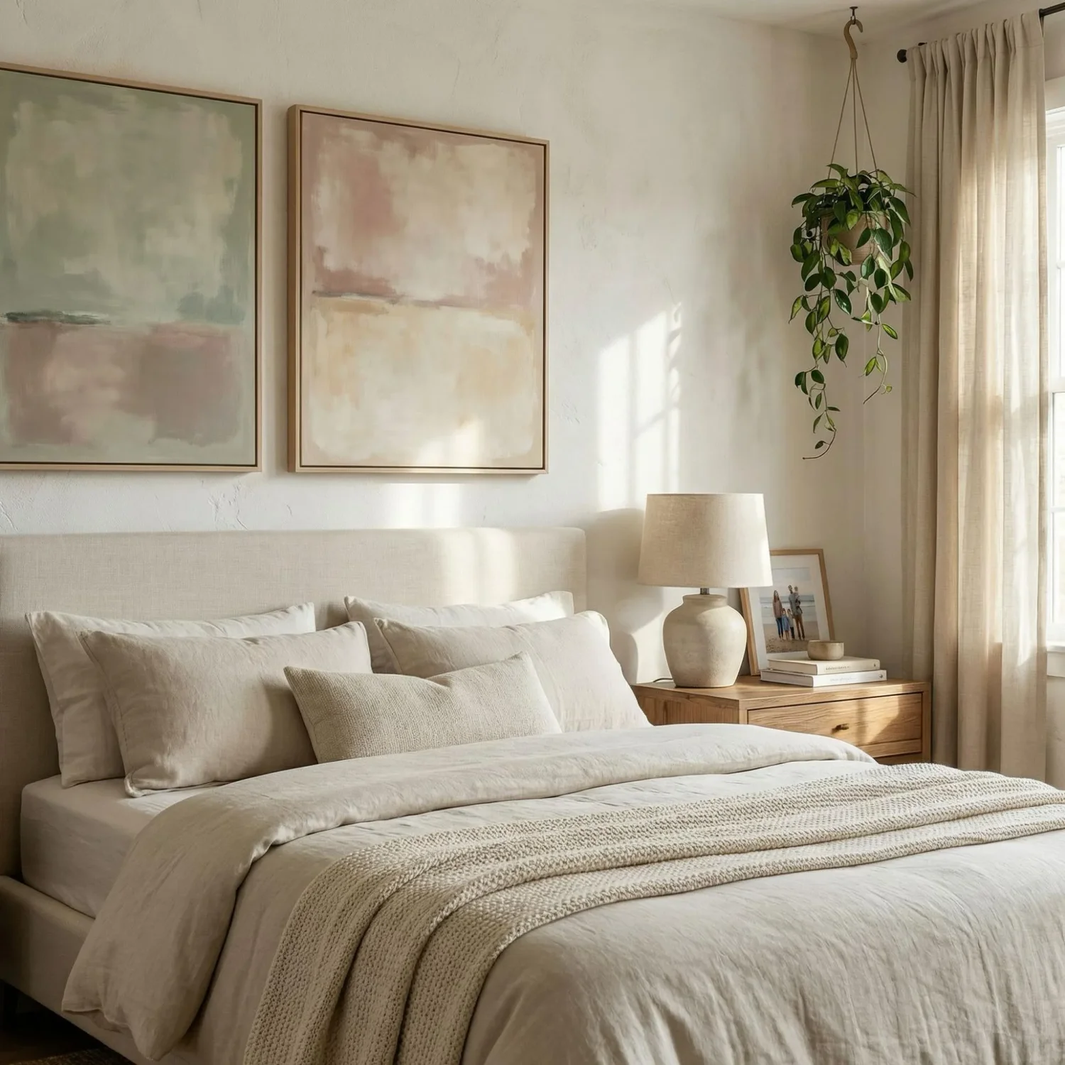 Serene abstract framed art above bedroom headboard
