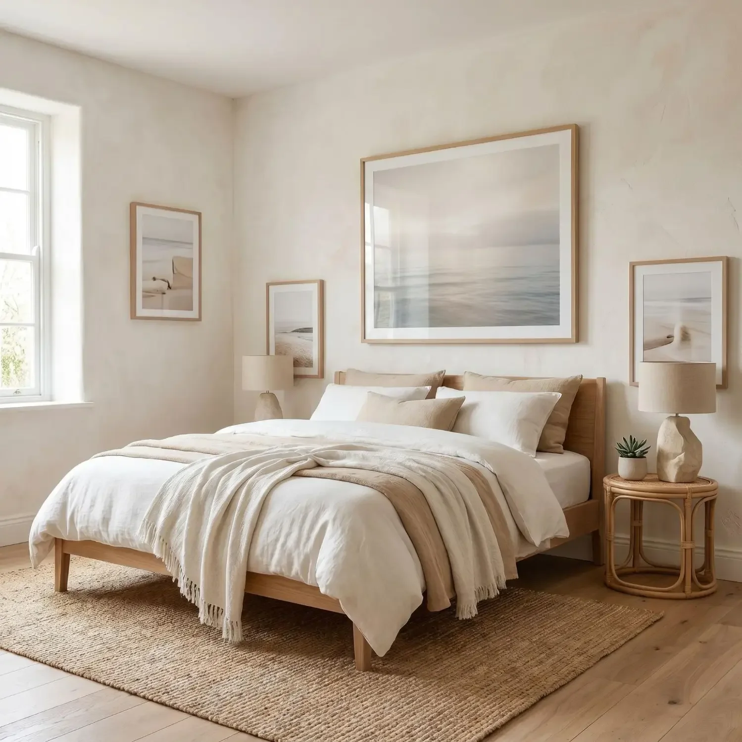 Soft seascape framed art above bed in coastal bedroom