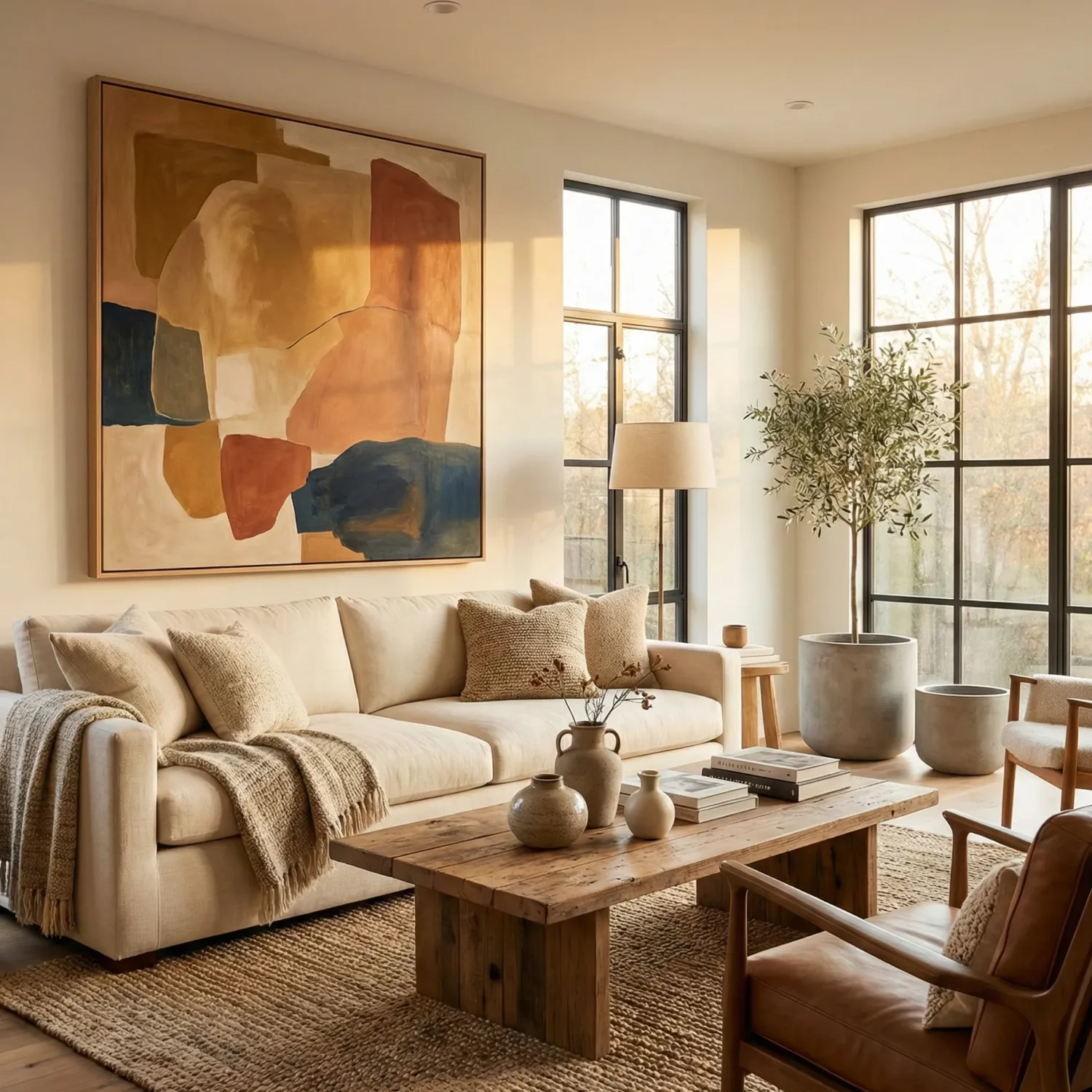Sunlit living room with beige sofa, abstract centered art, and plants 