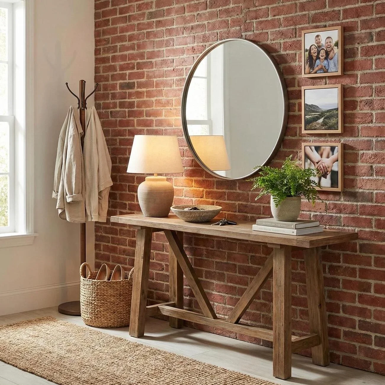 Entryway with brick wall, round mirror and wooden console table