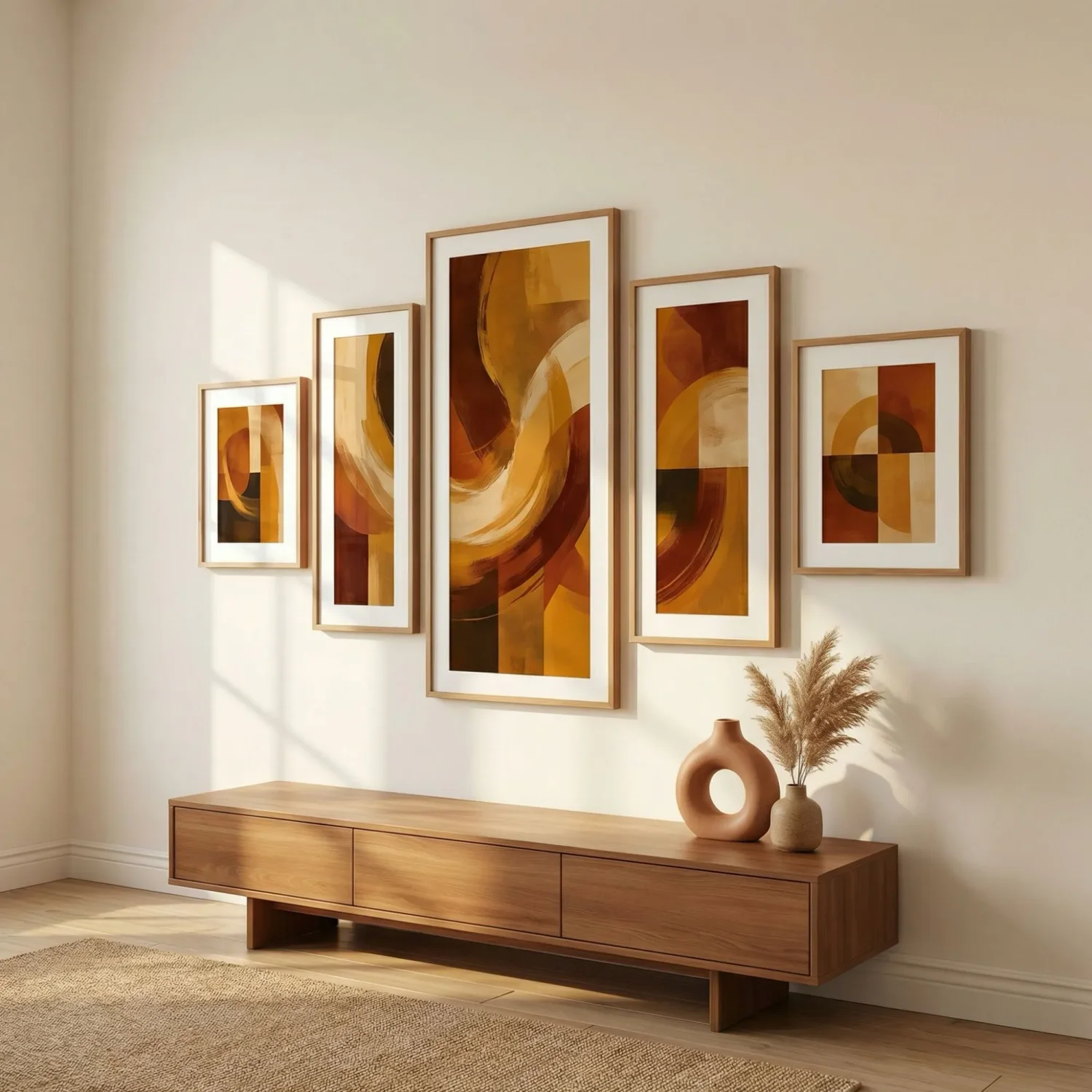 5-piece staggered framed art display on wall