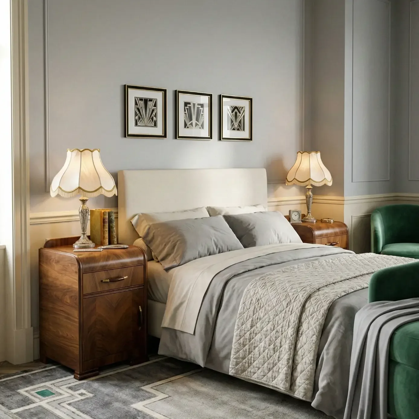 Art deco bedroom with green velvet chair and matching settee