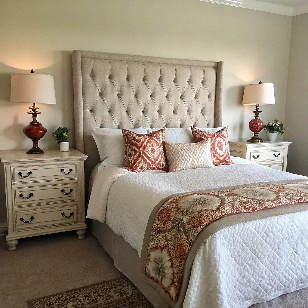 A traditional bedroom featuring a tufted or upholstered headboard, crisp layered bedding with a patterned pillow pair, matching nightstands and lamps, and either two frames above the nightstands or a centered trio above the headboard.
