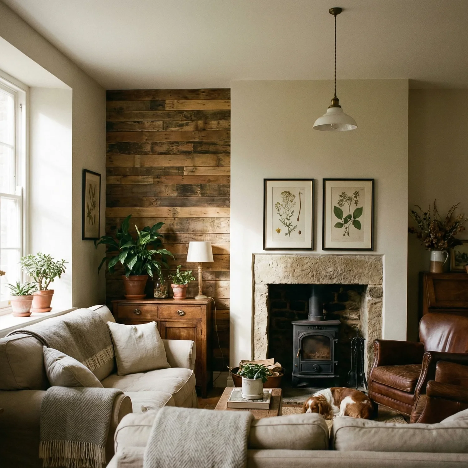 Warm rustic lounge with stone fireplace and botanical art