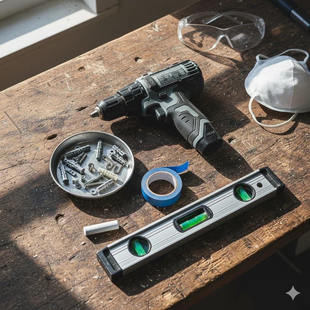 drill, level, and wall anchors on sunlit workbench