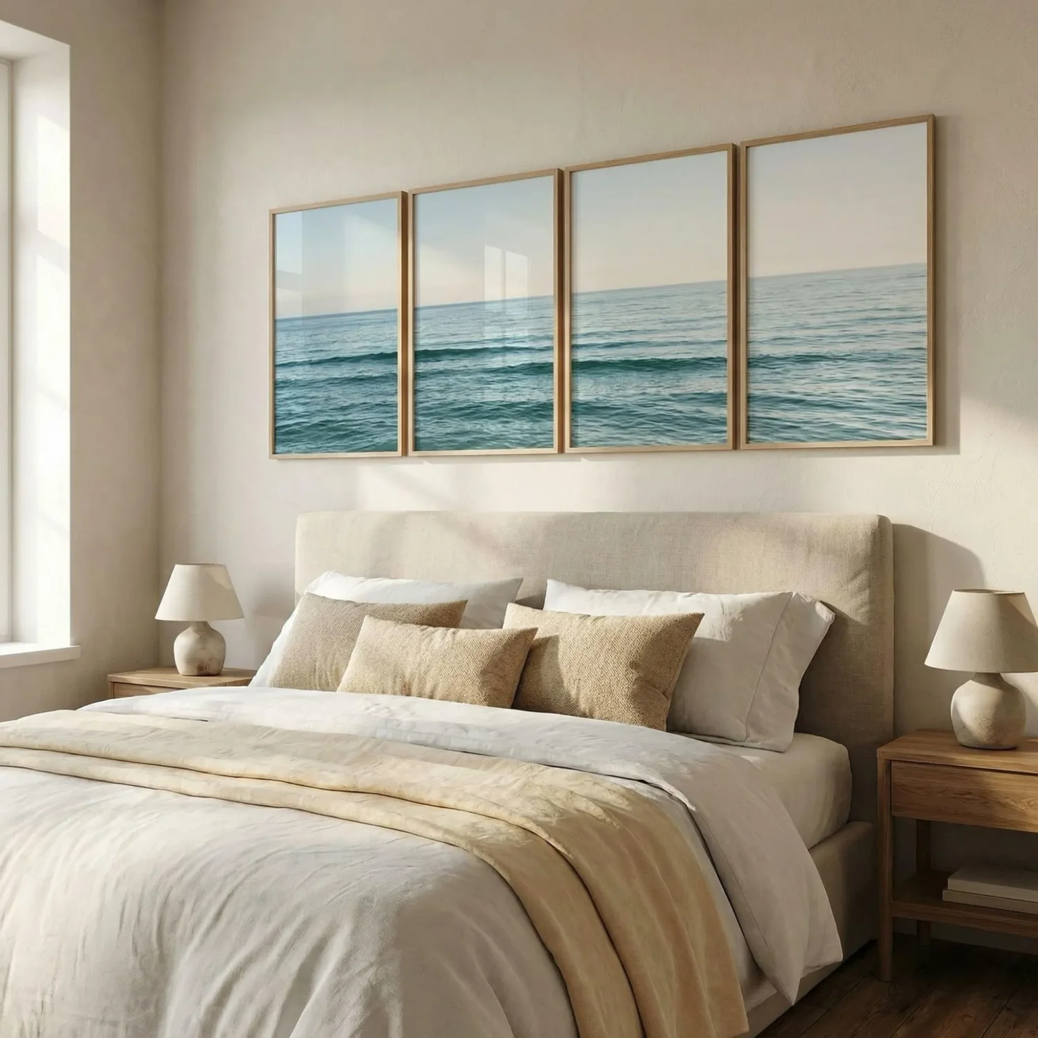 4-panel panorama seascape framed photos above bed