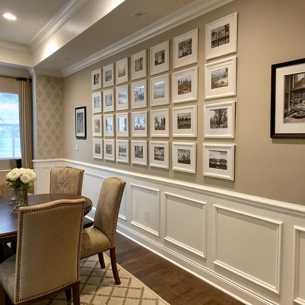 Wall with classic picture-frame molding containing a clean grid of evenly spaced.