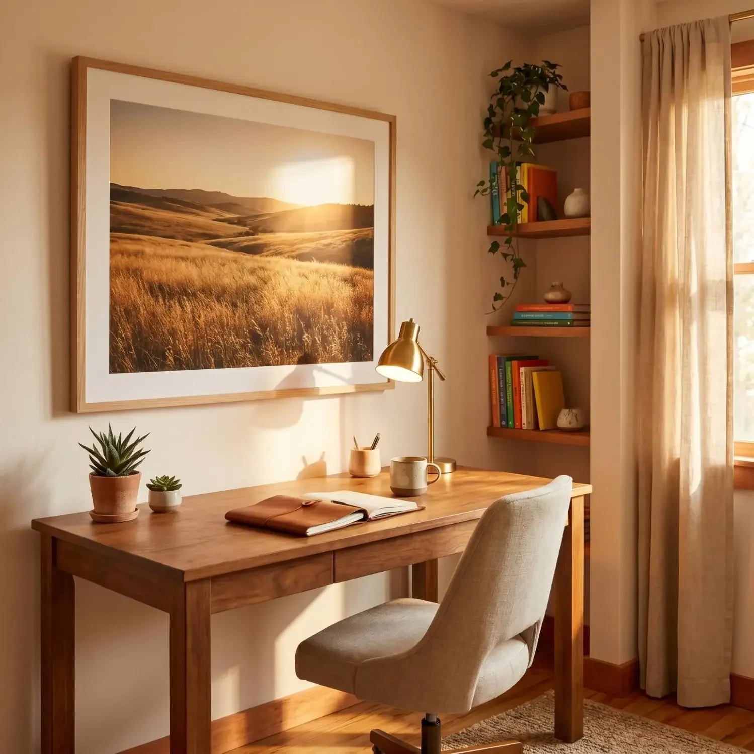Landscape framed picture on home office wall