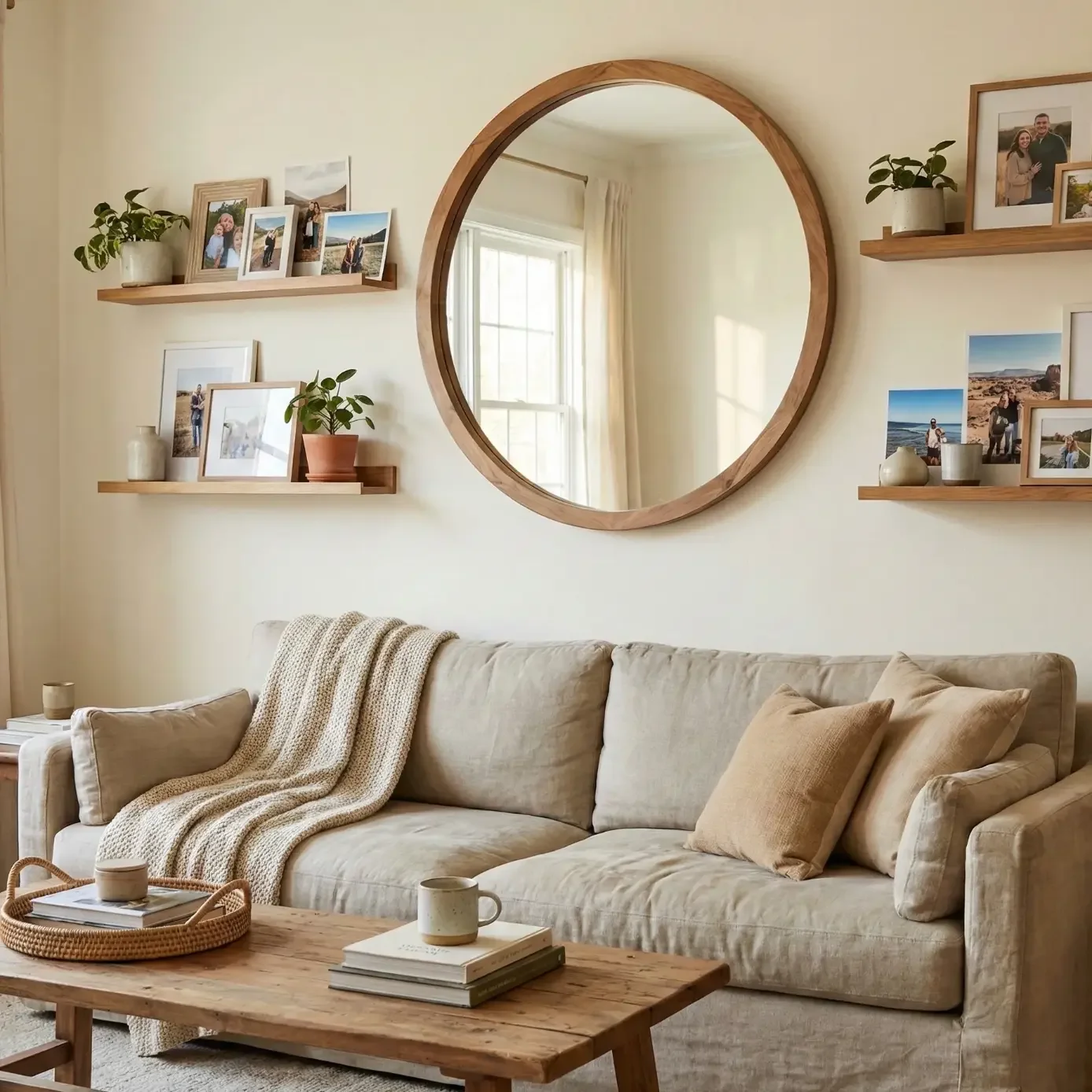 Round wall mirror above sofa with photo ledges and plants