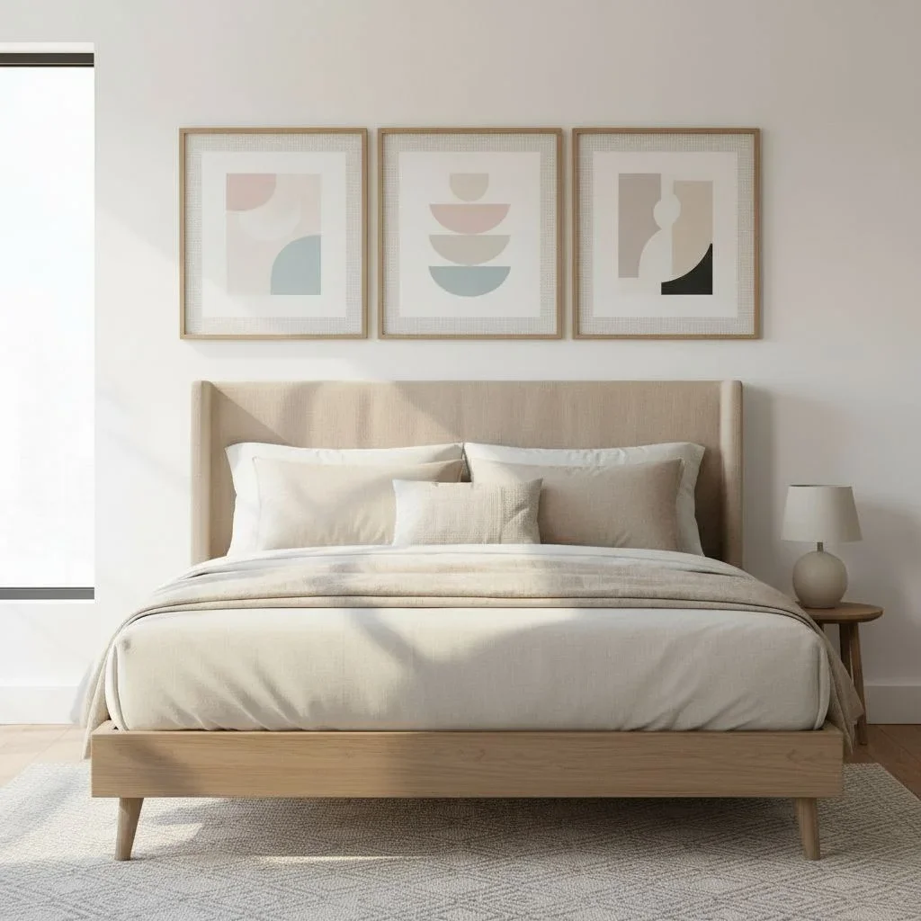 Calming triptych artwork in bedroom