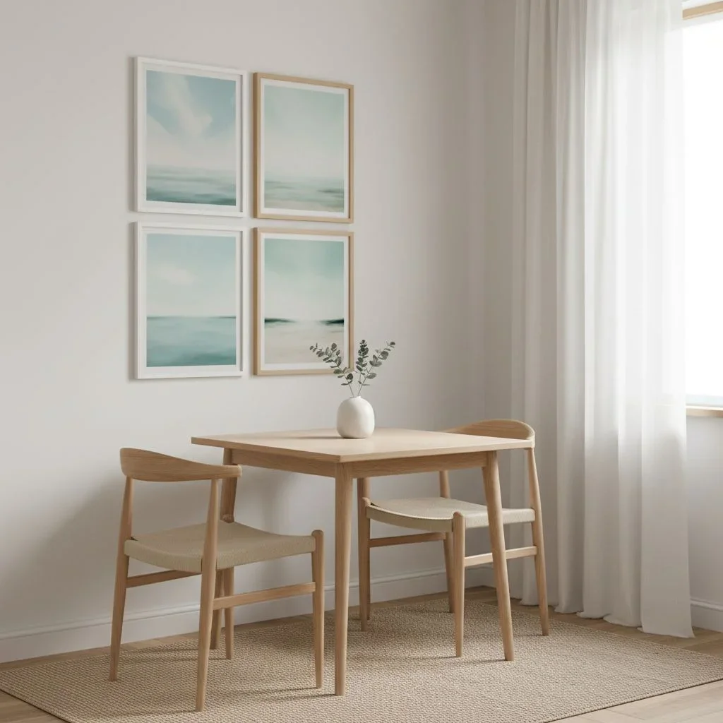 Coastal Scandi dining room with light airy decor