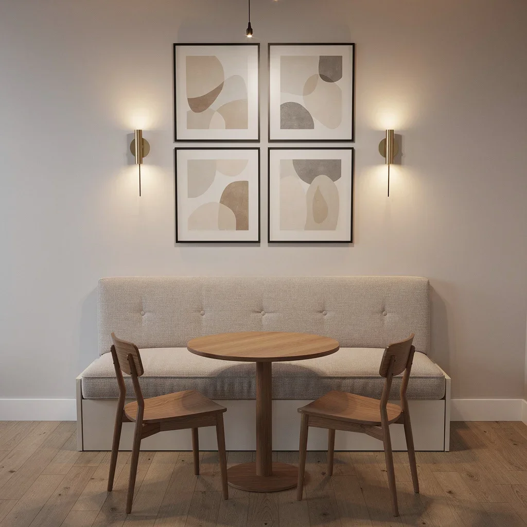 Small dining space with wooden round table and banquette