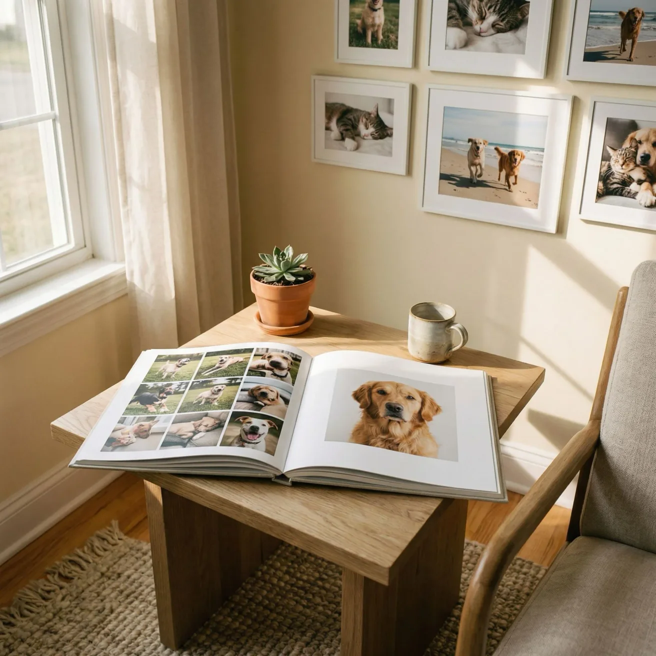 Pet photo book with dog portrait on side table
