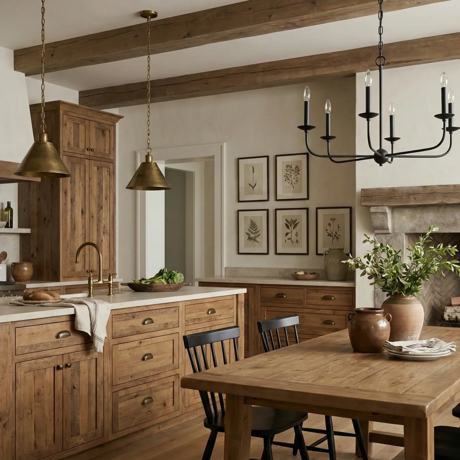 Rustic kitchen with wood beams, island, and farmhouse table.