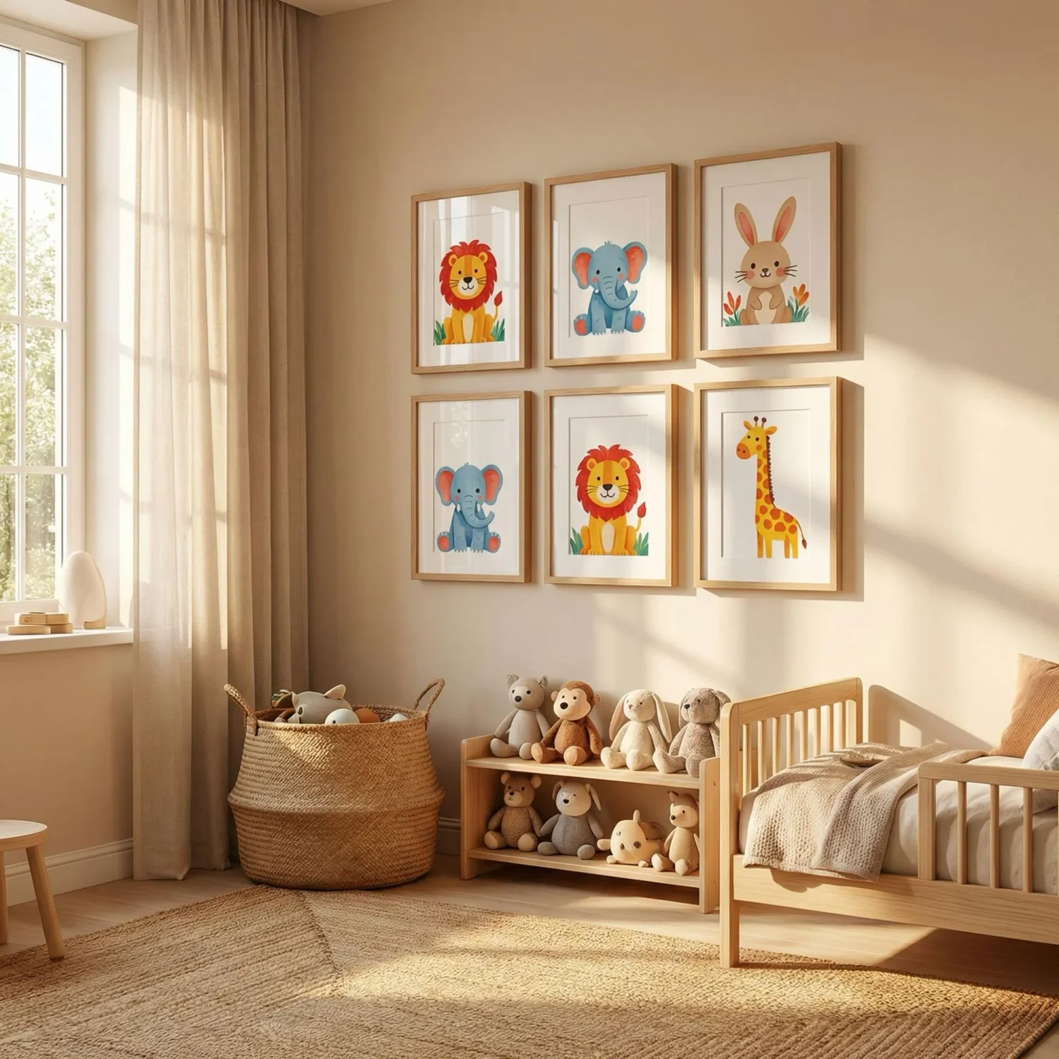 Animal framed photos grid in kids nursery room