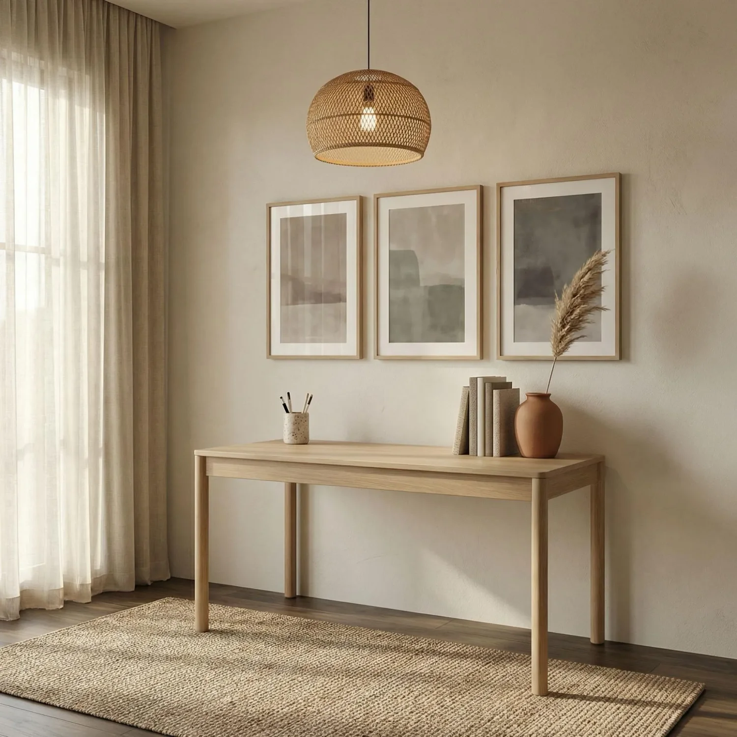 Japandi home office triptych framed art behind desk