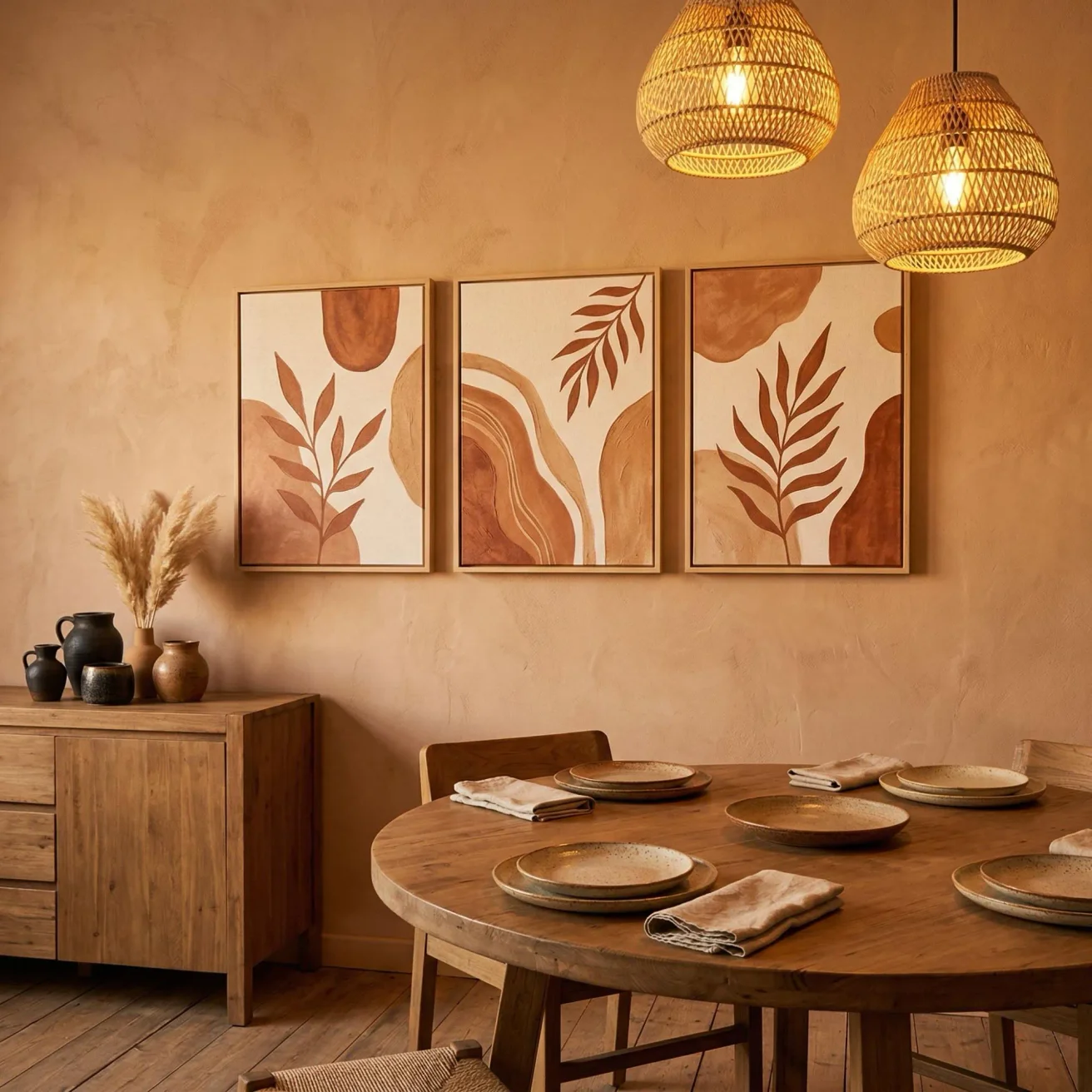 Textured framed pictures on warm dining room wall