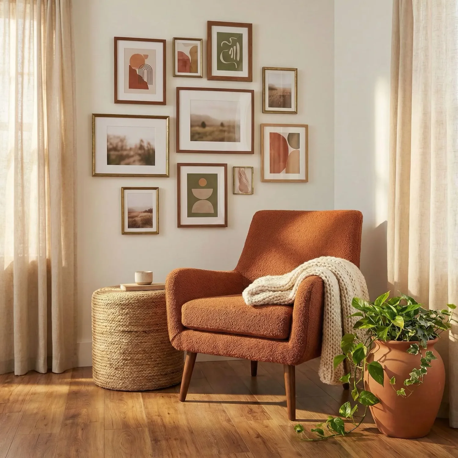 Boho mid-century nook with earthy framed wall art