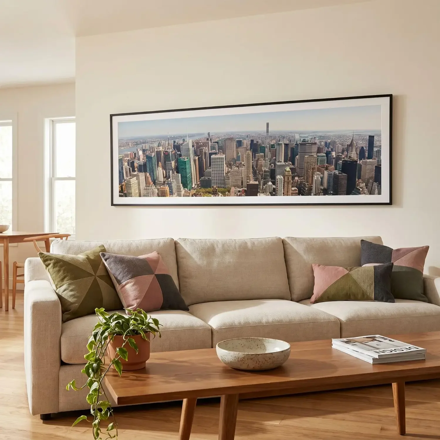 Panoramic city skyline framed photo above sofa
