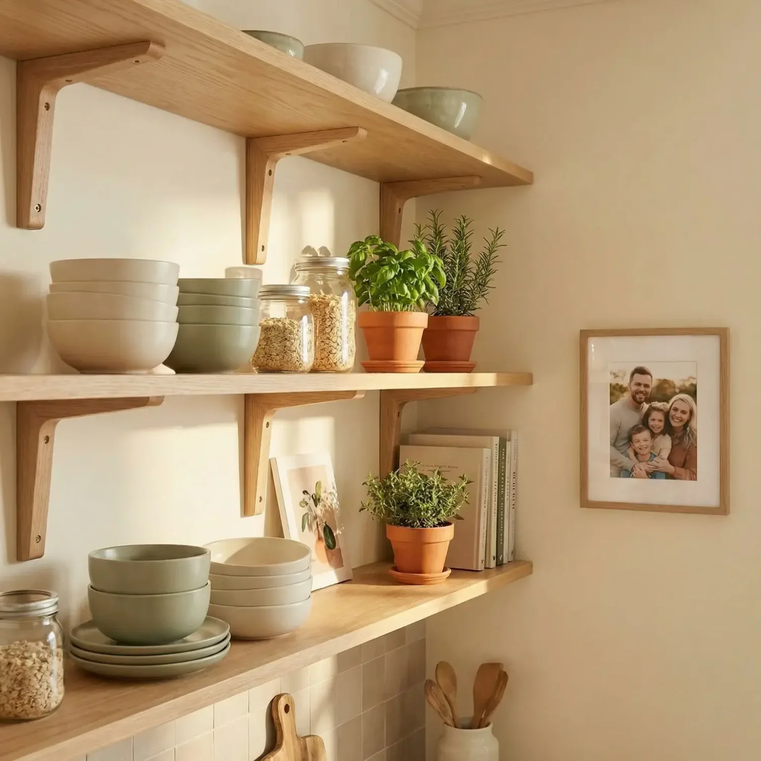 Kitchen open shelves with ceramics and fresh herbs