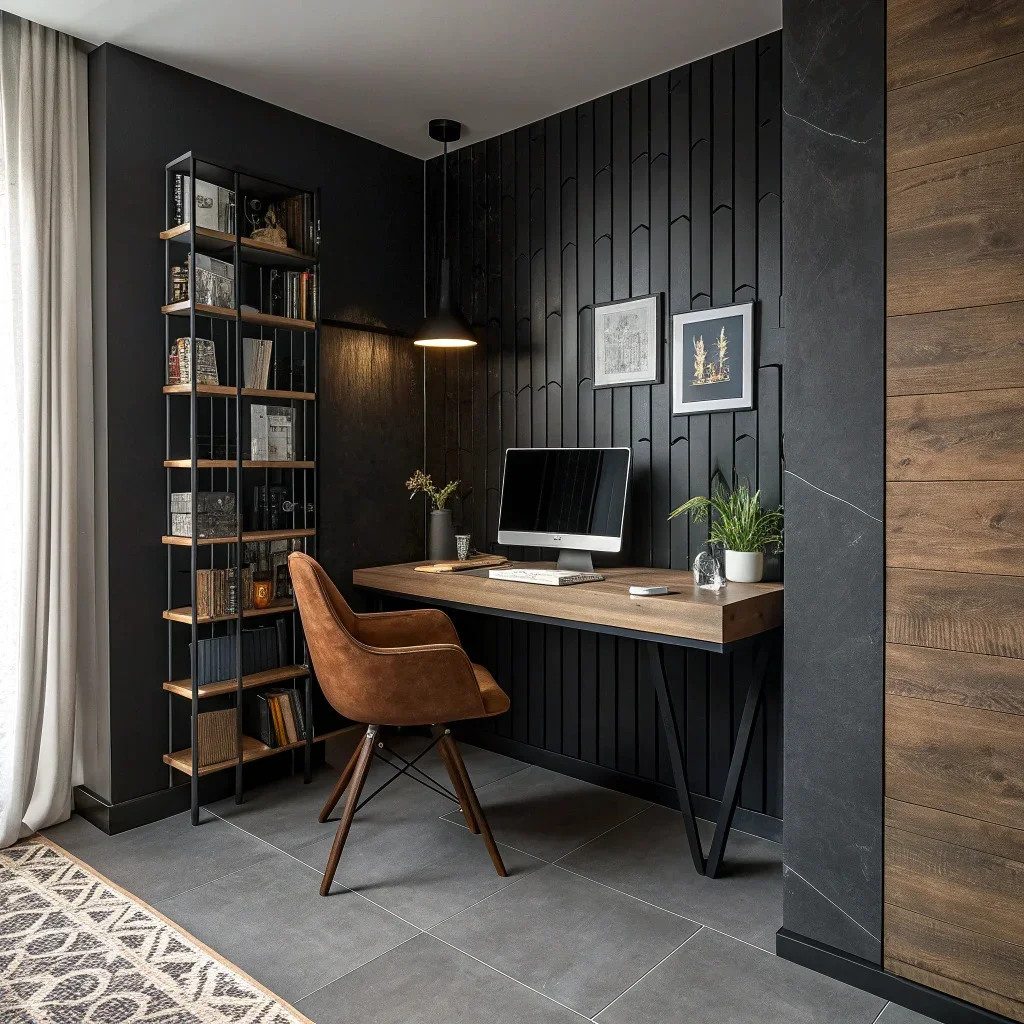 Compact home office corner with a slim desk and a vertical stack of two picture frames.