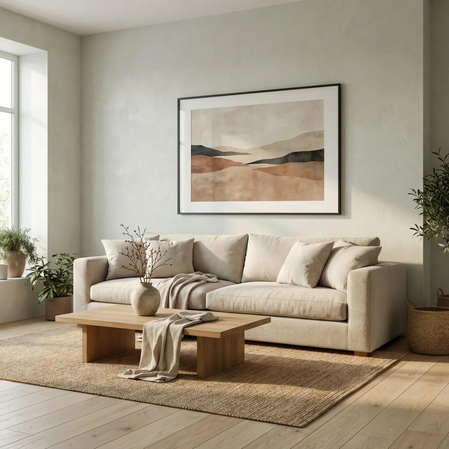 Japandi living room with framed abstract art above sofa