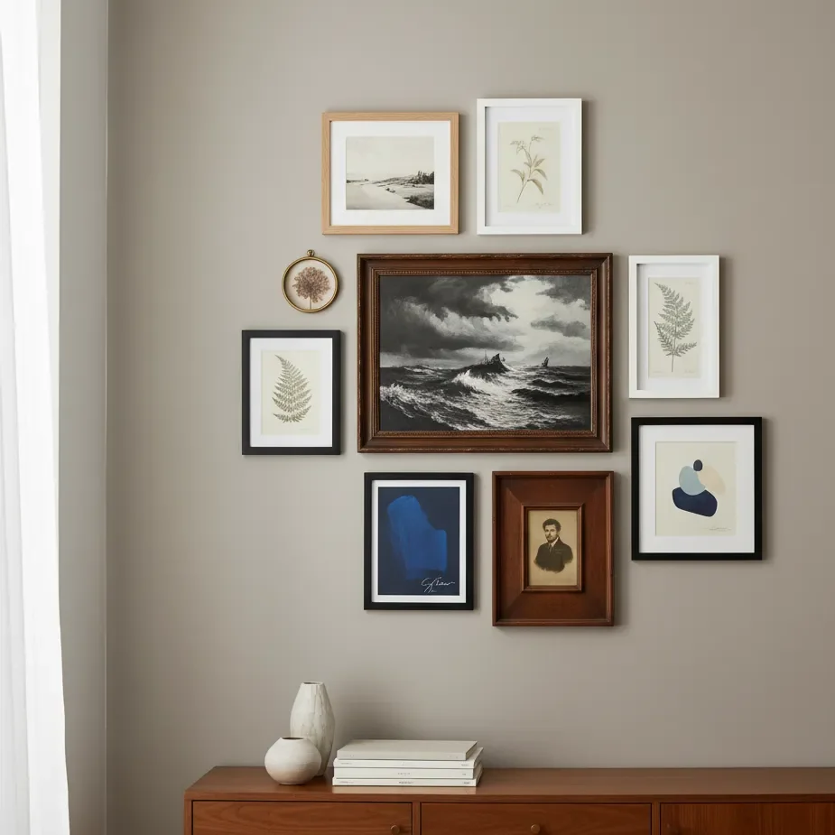 gallery wall with seascape centerpiece above wood credenza