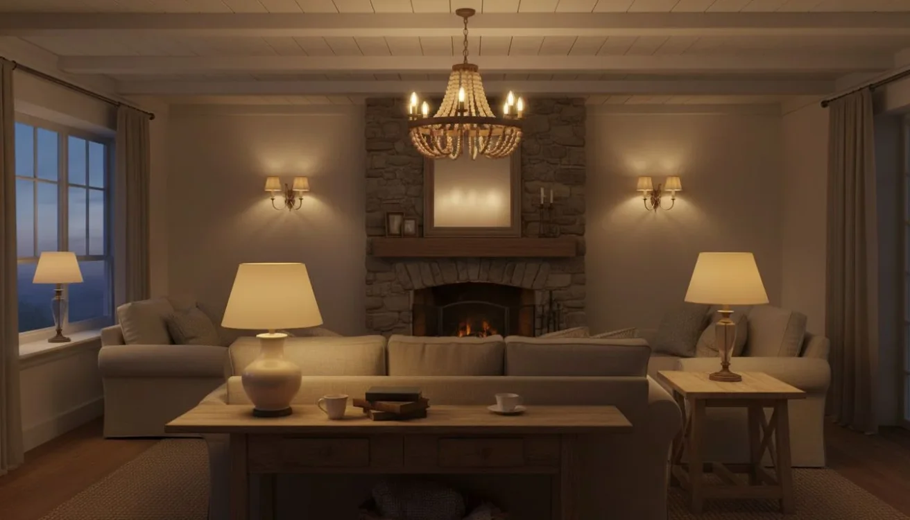 Warm layered lighting with bead chandelier